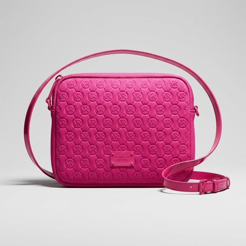 Michael Kors Pink Neoprene Embossed MK Monogram Crossbody Camera Bag
